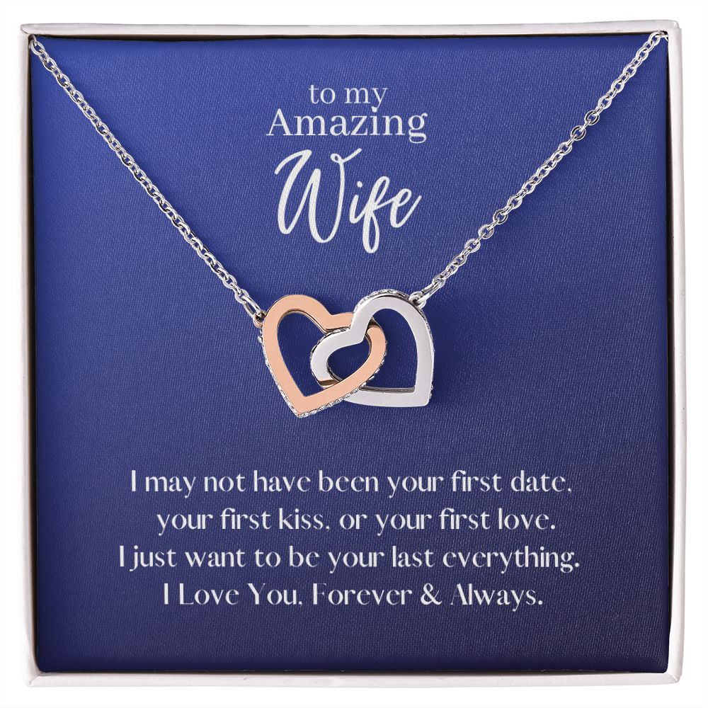 Amazing Wife Locked in Love Hearts Necklace Available in Steel & Rose Gold or 18k Yellow Gold finishes, blue card