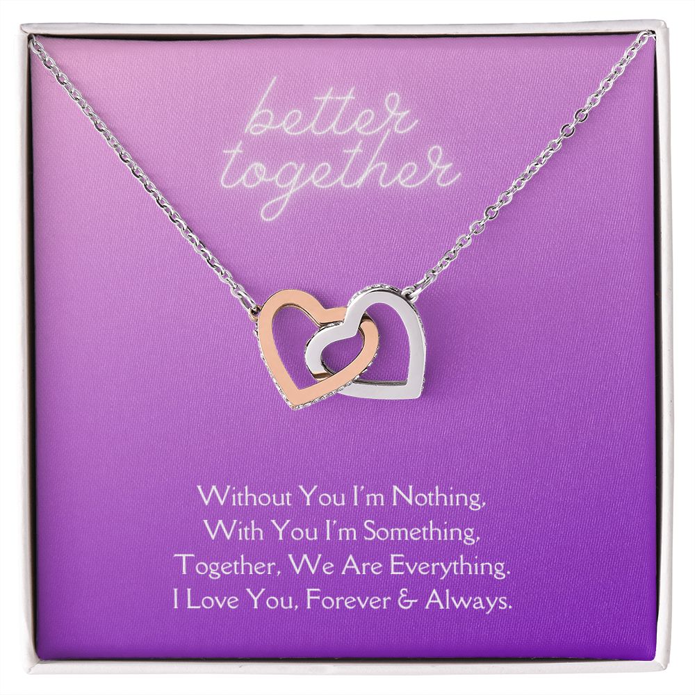 Better Together Locked in Love Hearts Necklace Available in Steel & Rose Gold or 18k Yellow Gold finishes, purple card