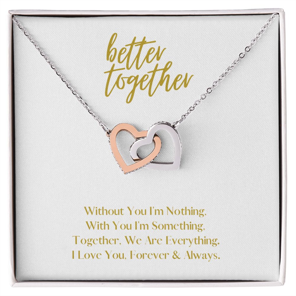 Better Together Locked in Love Hearts Necklace Available in Steel & Rose Gold or 18k Yellow Gold finishes, white card