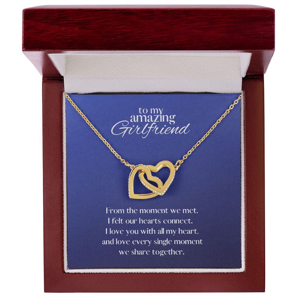 Amazing Girlfriend Locked in Love Hearts Necklace Available in Steel & Rose Gold or 18k Yellow Gold finishes, blue card