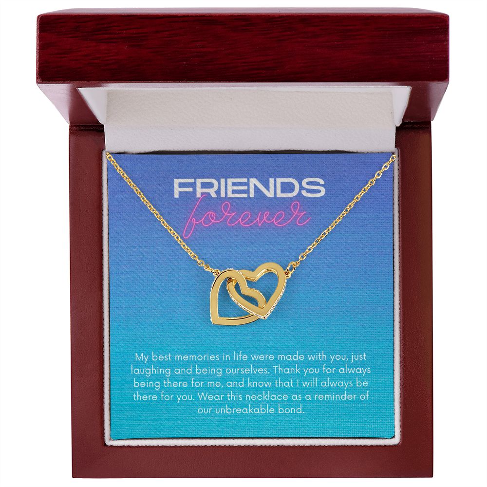 Friends Forever Interlocking Hearts Necklace Available in Yellow & White Gold (blue message card)