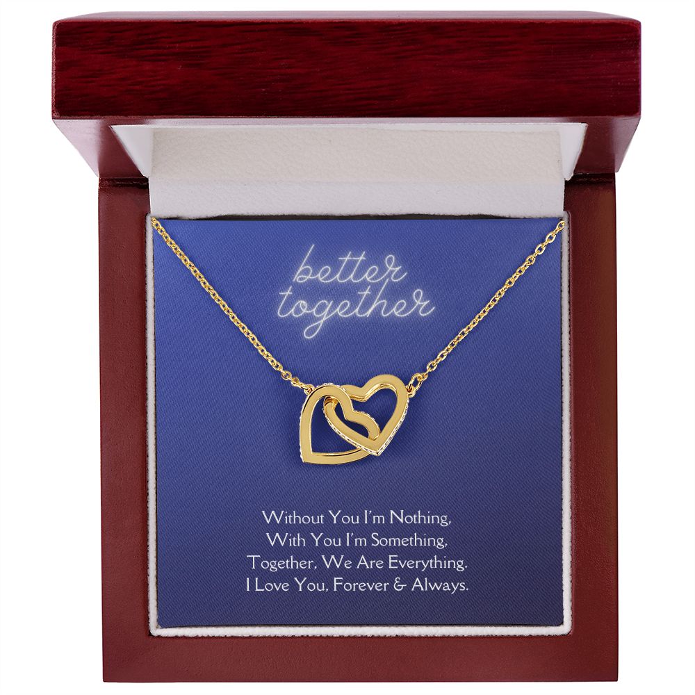 Better Together Locked in Love Hearts Necklace Available in Steel & Rose Gold or 18k Yellow Gold finishes, blue card