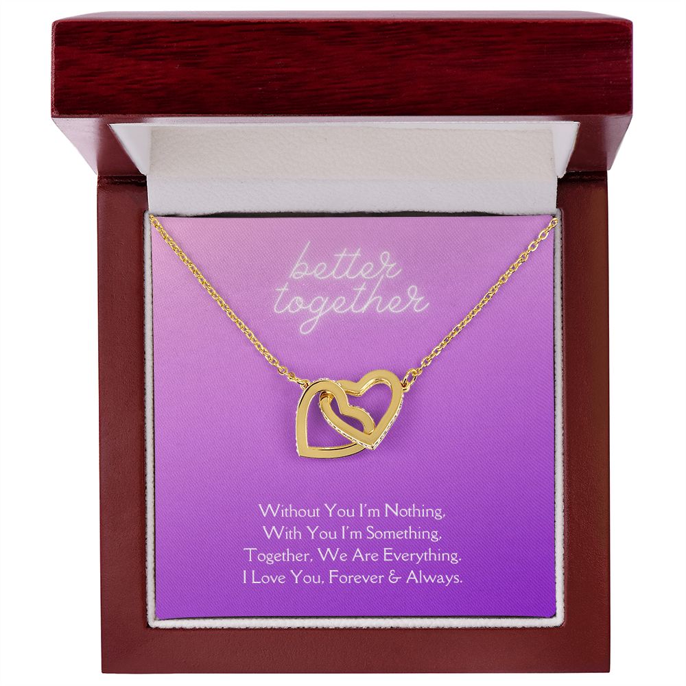 Better Together Locked in Love Hearts Necklace Available in Steel & Rose Gold or 18k Yellow Gold finishes, purple card