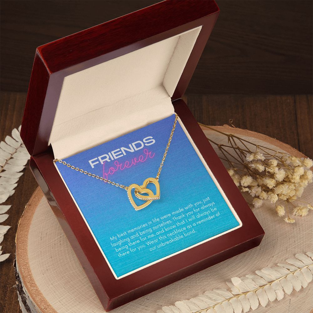 Friends Forever Interlocking Hearts Necklace Available in Yellow & White Gold (blue message card)