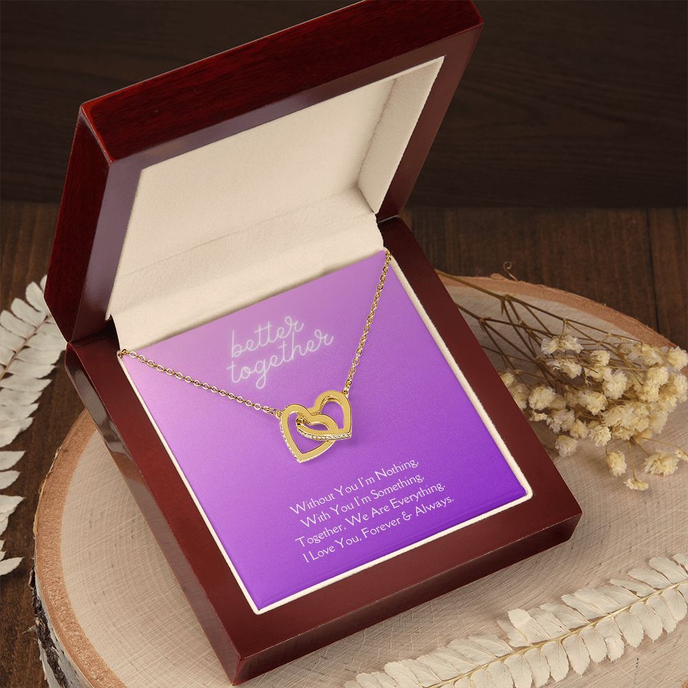 Better Together Locked in Love Hearts Necklace Available in Steel & Rose Gold or 18k Yellow Gold finishes, purple card