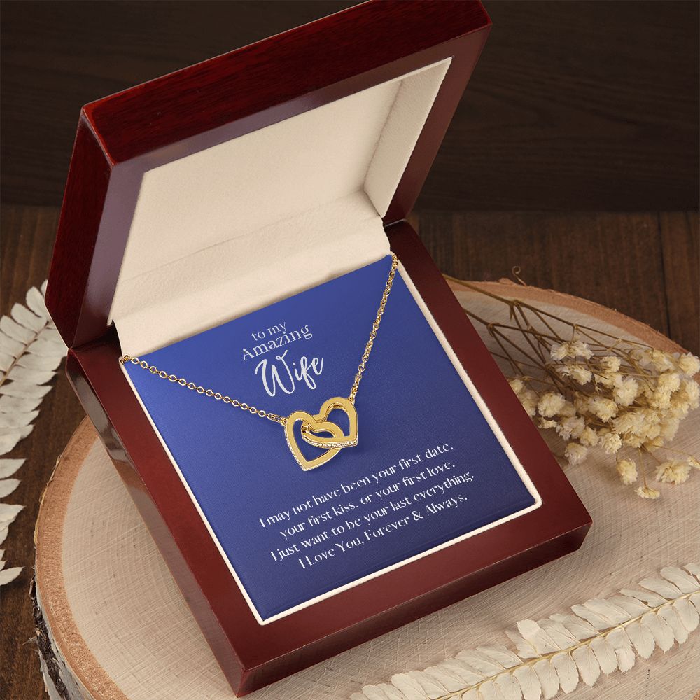 Amazing Wife Locked in Love Hearts Necklace Available in Steel & Rose Gold or 18k Yellow Gold finishes, blue card