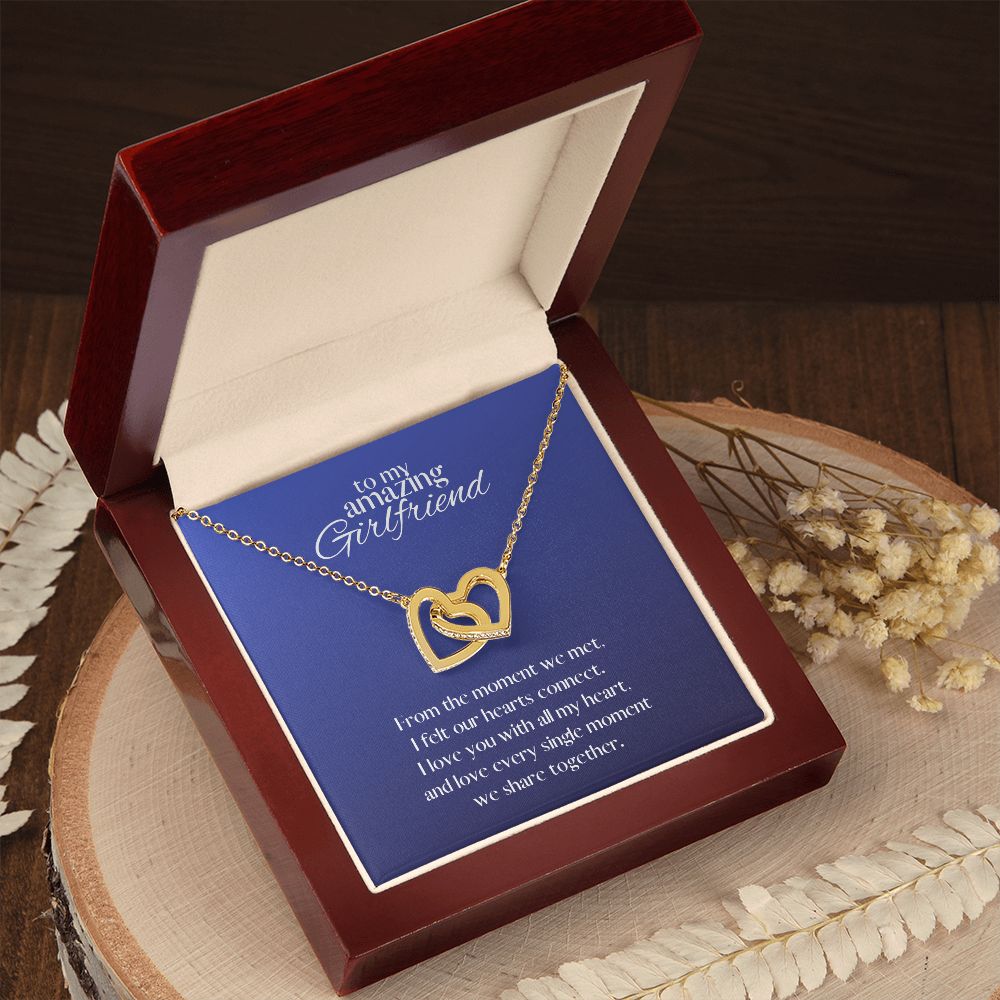 Amazing Girlfriend Locked in Love Hearts Necklace Available in Steel & Rose Gold or 18k Yellow Gold finishes, blue card