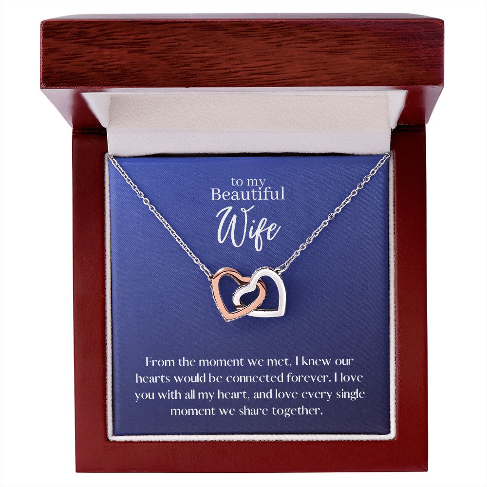 Beautiful Wife Locked in Love Hearts Necklace Available in Steel & Rose Gold or 18k Yellow Gold finishes, blue card