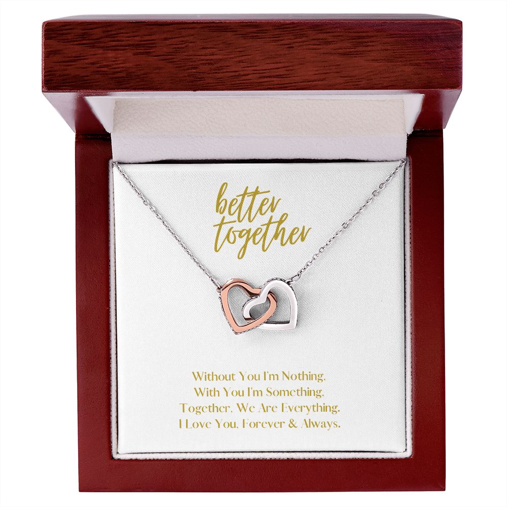 Better Together Locked in Love Hearts Necklace Available in Steel & Rose Gold or 18k Yellow Gold finishes, white card
