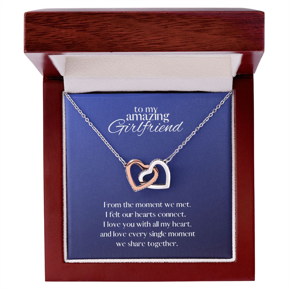 Amazing Girlfriend Locked in Love Hearts Necklace Available in Steel & Rose Gold or 18k Yellow Gold finishes, blue card