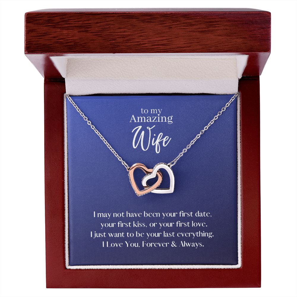 Amazing Wife Locked in Love Hearts Necklace Available in Steel & Rose Gold or 18k Yellow Gold finishes, blue card