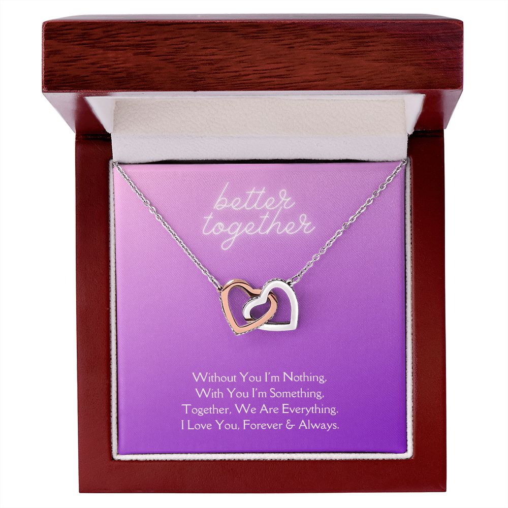 Better Together Locked in Love Hearts Necklace Available in Steel & Rose Gold or 18k Yellow Gold finishes, purple card