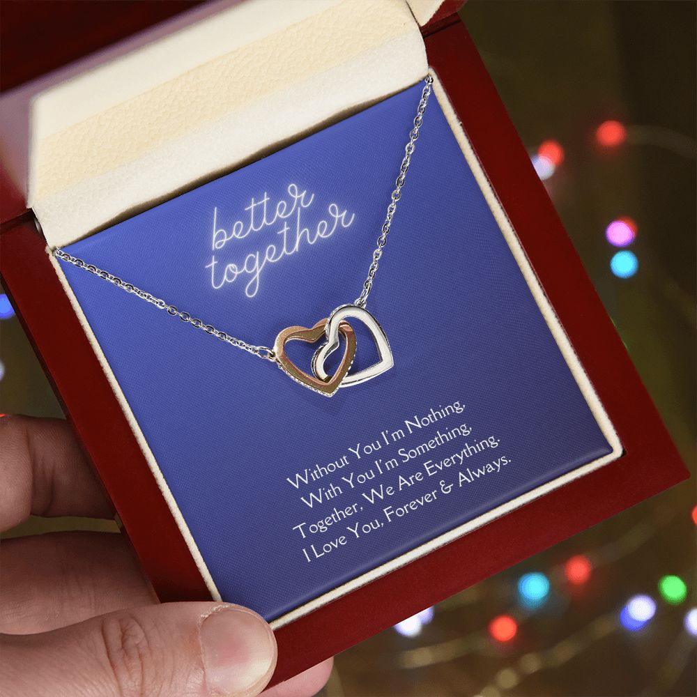 Better Together Locked in Love Hearts Necklace Available in Steel & Rose Gold or 18k Yellow Gold finishes, blue card