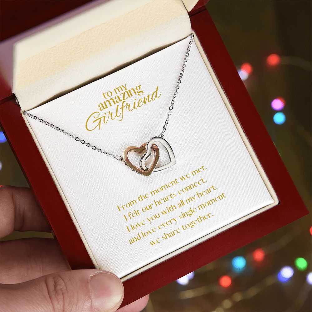 Amazing Girlfriend Locked in Love Hearts Necklace Available in Steel & Rose Gold or 18k Yellow Gold finishes, white card