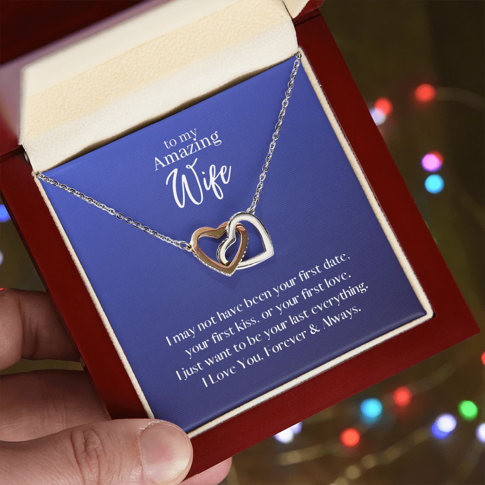 Amazing Wife Locked in Love Hearts Necklace Available in Steel & Rose Gold or 18k Yellow Gold finishes, blue card