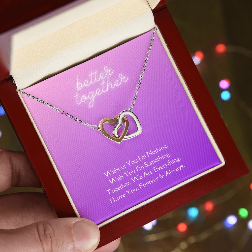Better Together Locked in Love Hearts Necklace Available in Steel & Rose Gold or 18k Yellow Gold finishes, purple card