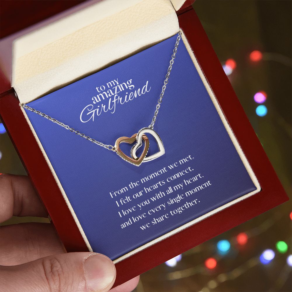 Amazing Girlfriend Locked in Love Hearts Necklace Available in Steel & Rose Gold or 18k Yellow Gold finishes, blue card