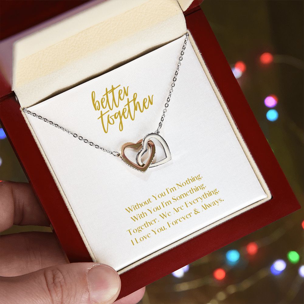 Better Together Locked in Love Hearts Necklace Available in Steel & Rose Gold or 18k Yellow Gold finishes, white card