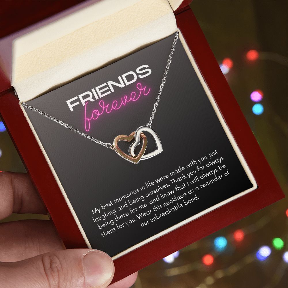 Friends Forever Interlocking Hearts Necklace Available in Yellow & White Gold (black message card)