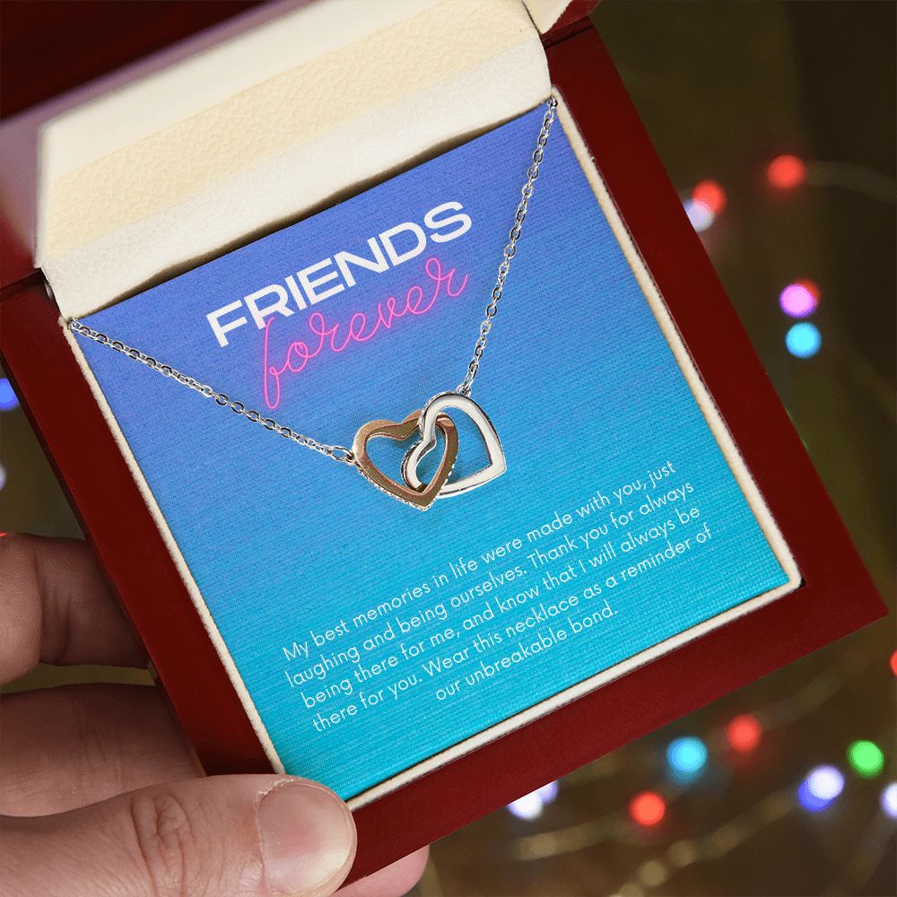 Friends Forever Interlocking Hearts Necklace Available in Yellow & White Gold (blue message card)