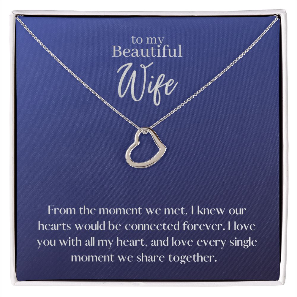 Beautiful Wife Love Heart Necklace Available in 14k White Gold or 18k Yellow Gold Dipped Sterling Silver, blue card
