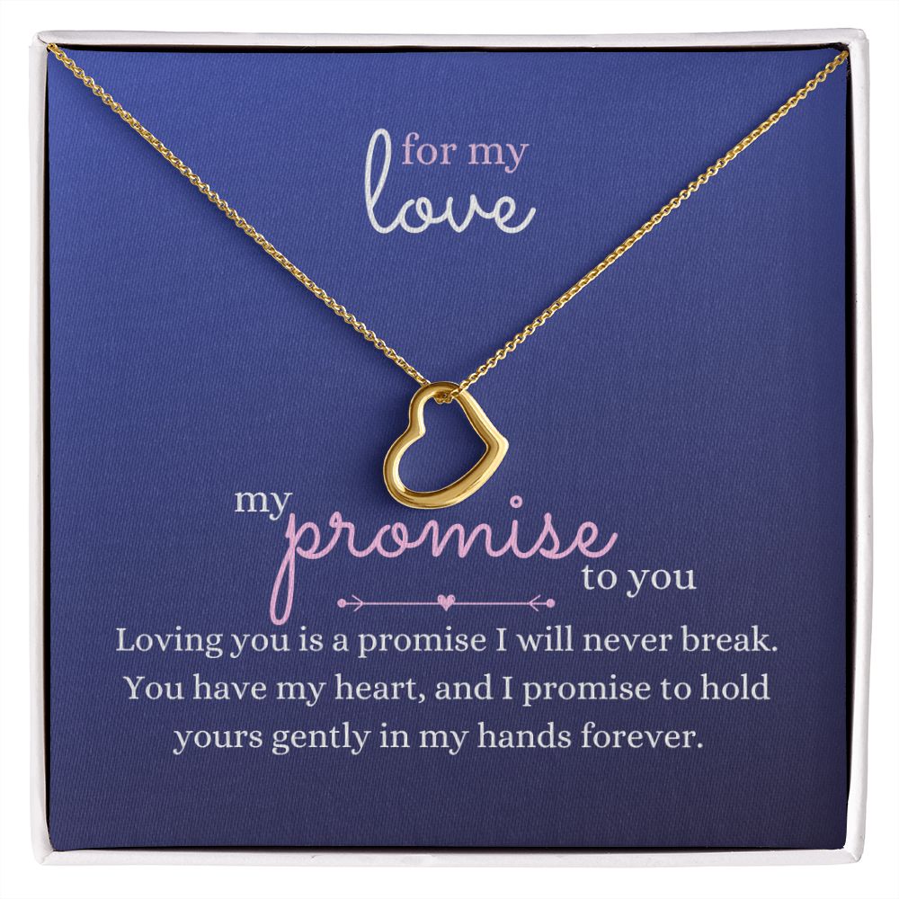 Love Heart Necklace Available in 14k White Gold or 18k Yellow Gold Dipped Sterling Silver, blue card