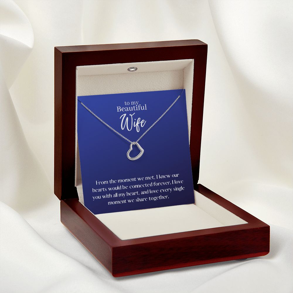 Beautiful Wife Love Heart Necklace Available in 14k White Gold or 18k Yellow Gold Dipped Sterling Silver, blue card