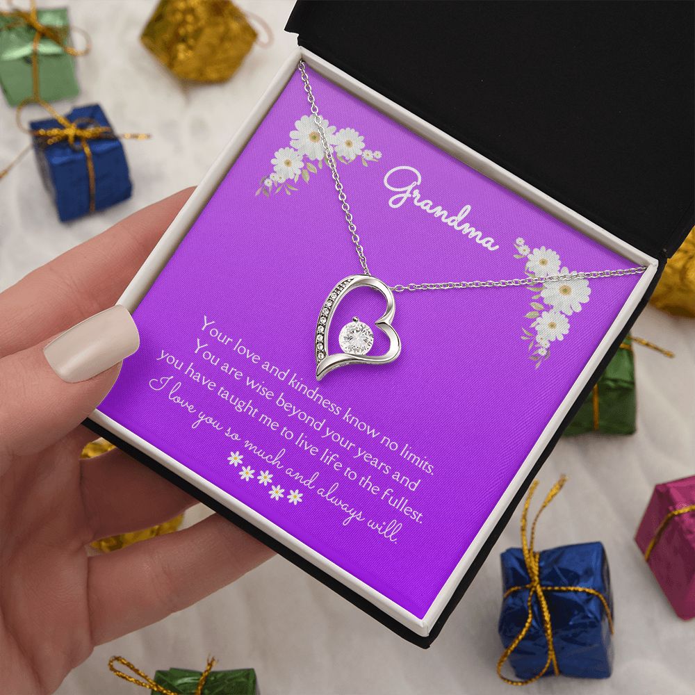 Grandma Love and Kindness Forever Necklace 14k White Gold or 18k Yellow Gold Finishes, purple daisy