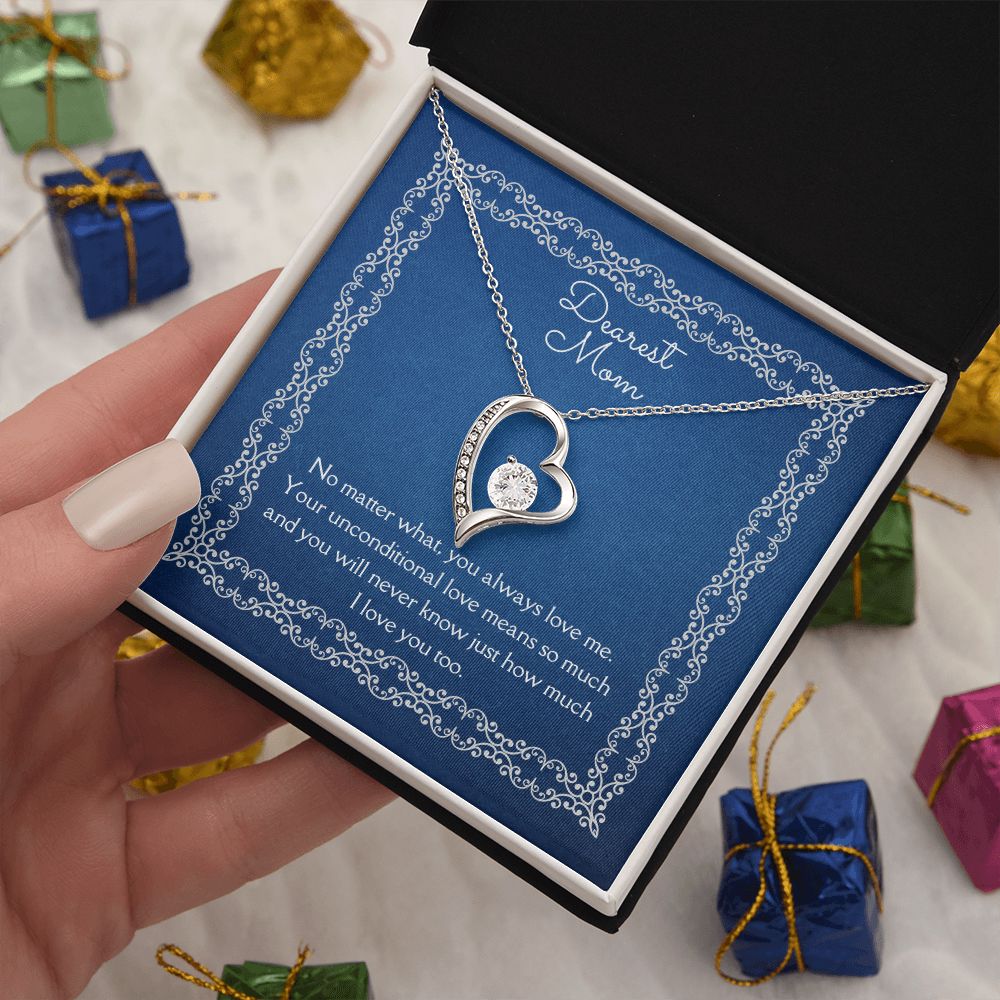 Dearest Mom Forever Love Necklace 14k White Gold or 18k Yellow Gold Finishes, blue card