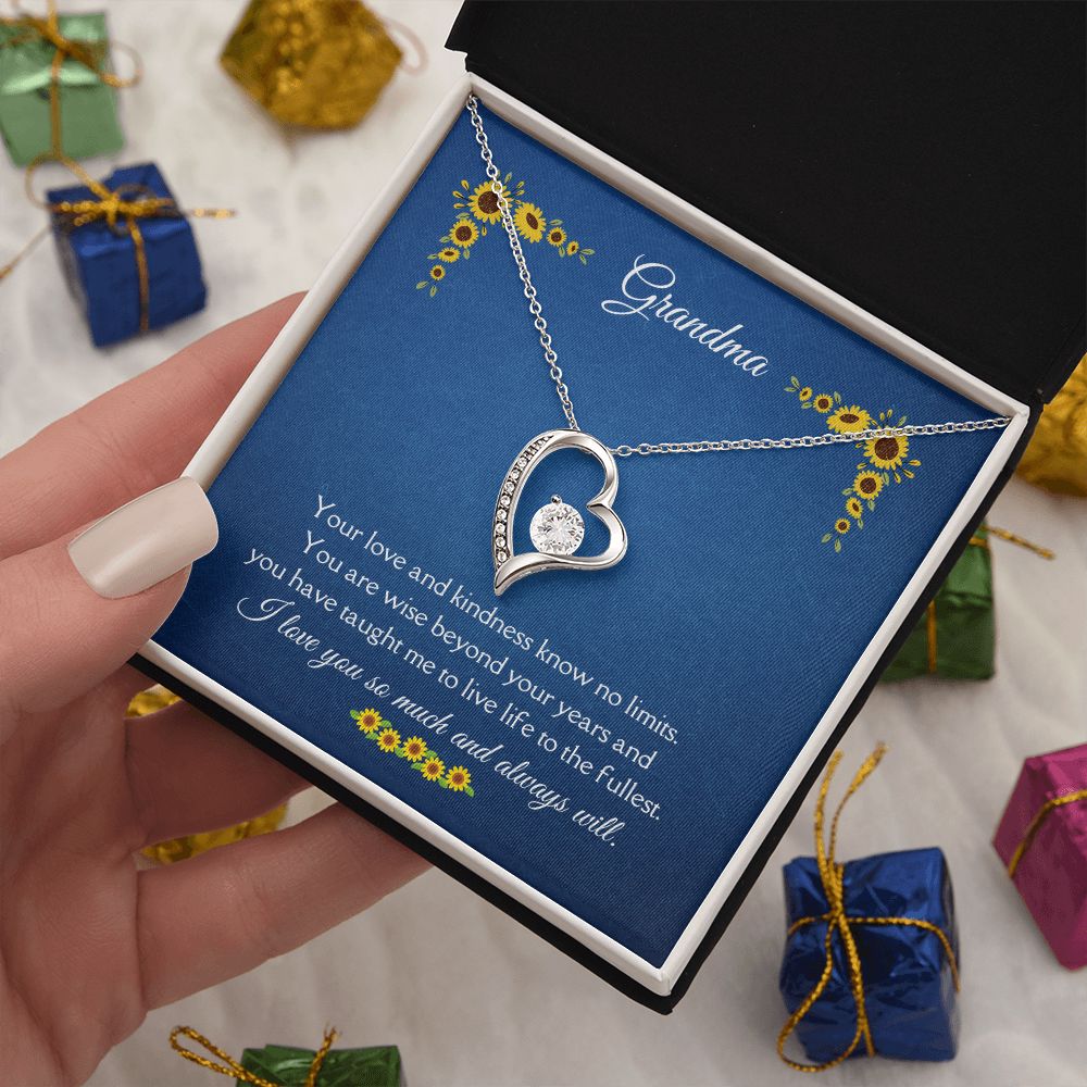 Grandma Love and Kindness Forever Necklace 14k White Gold or 18k Yellow Gold Finishes, blue sunflower