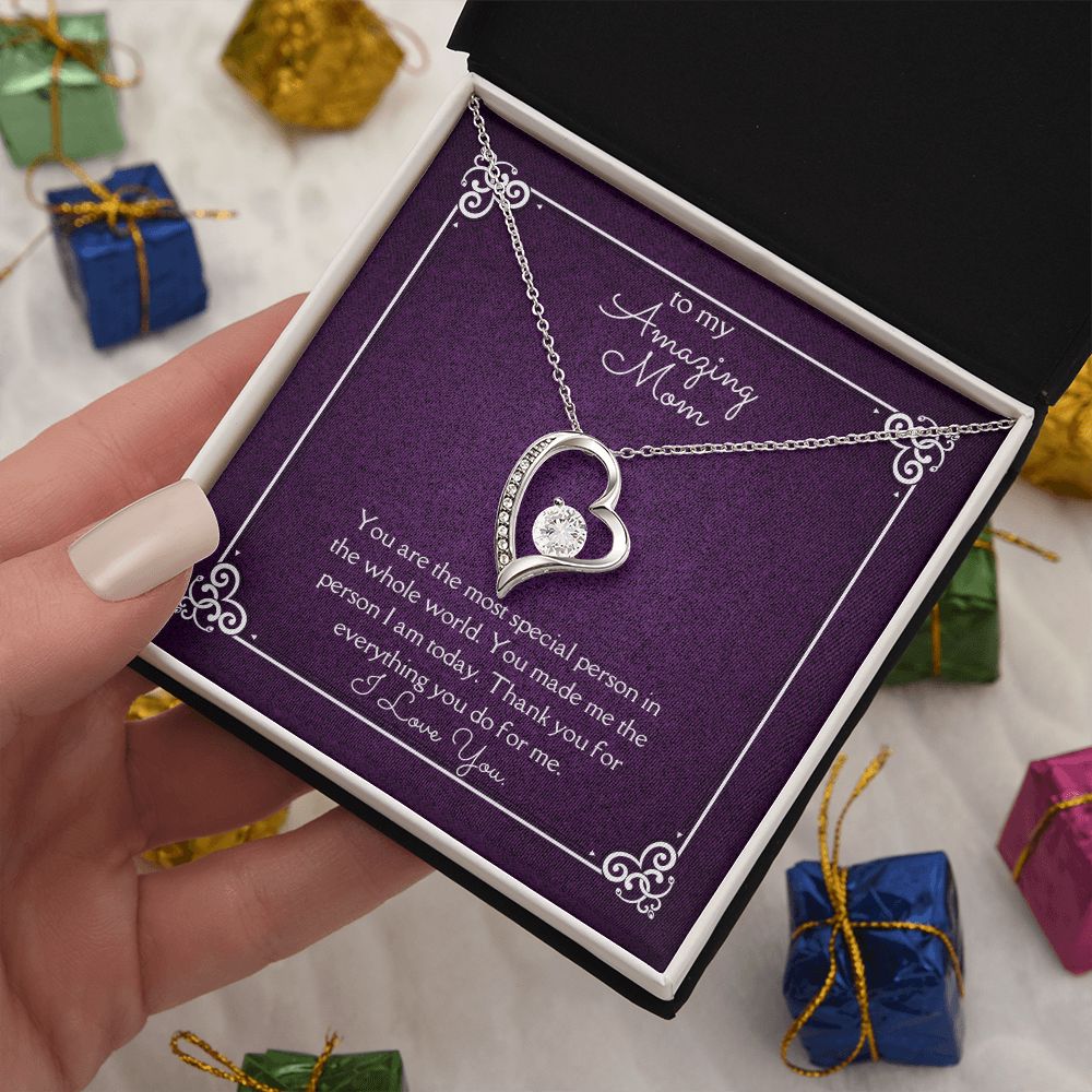 Amazing Mom Forever Love Necklace 14k White Gold or 18k Yellow Gold Finishes, purple card