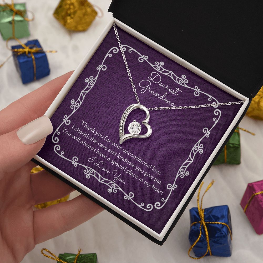 Dearest Grandma Unconditional Love Necklace 14k White Gold or 18k Yellow Gold Finishes, purple card