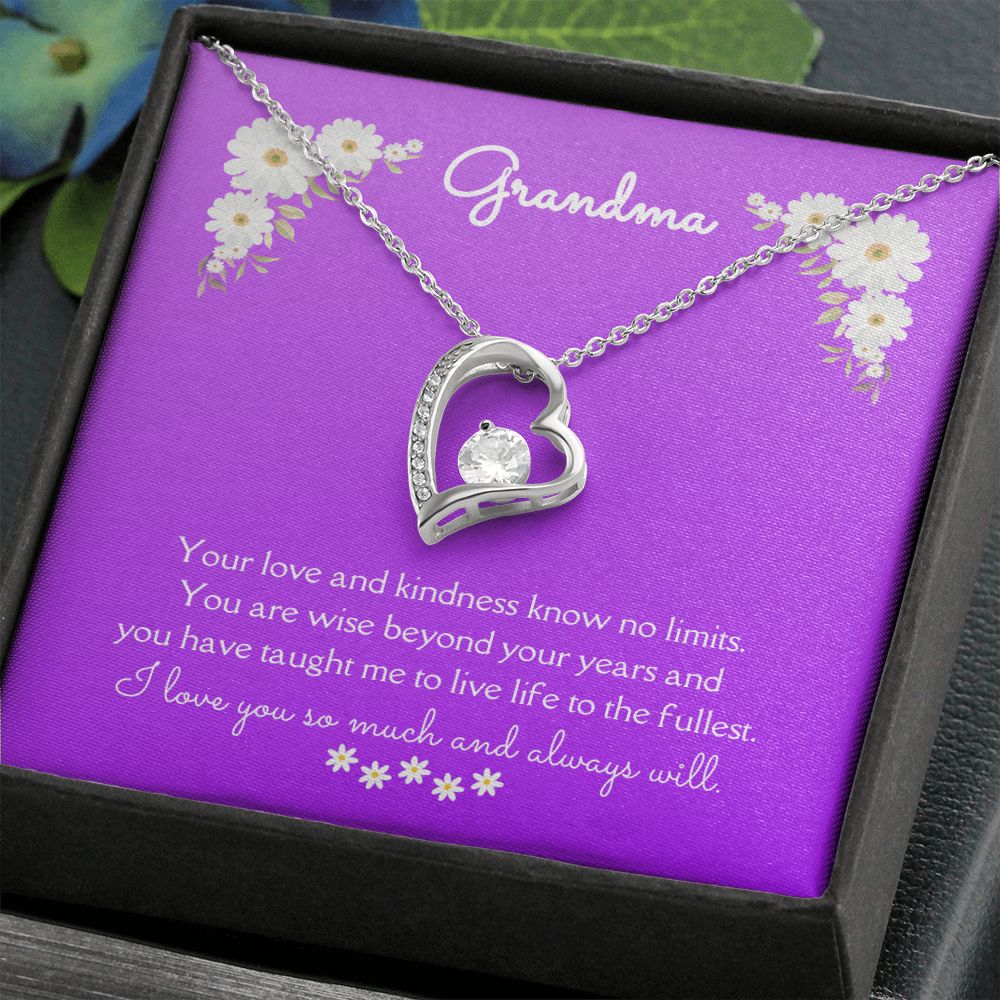 Grandma Love and Kindness Forever Necklace 14k White Gold or 18k Yellow Gold Finishes, purple daisy