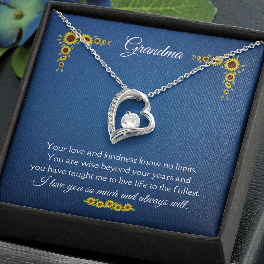 Grandma Love and Kindness Forever Necklace 14k White Gold or 18k Yellow Gold Finishes, blue sunflower