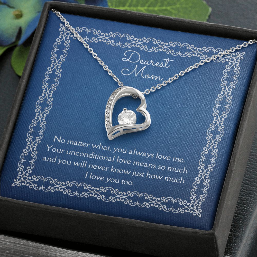 Dearest Mom Forever Love Necklace 14k White Gold or 18k Yellow Gold Finishes, blue card