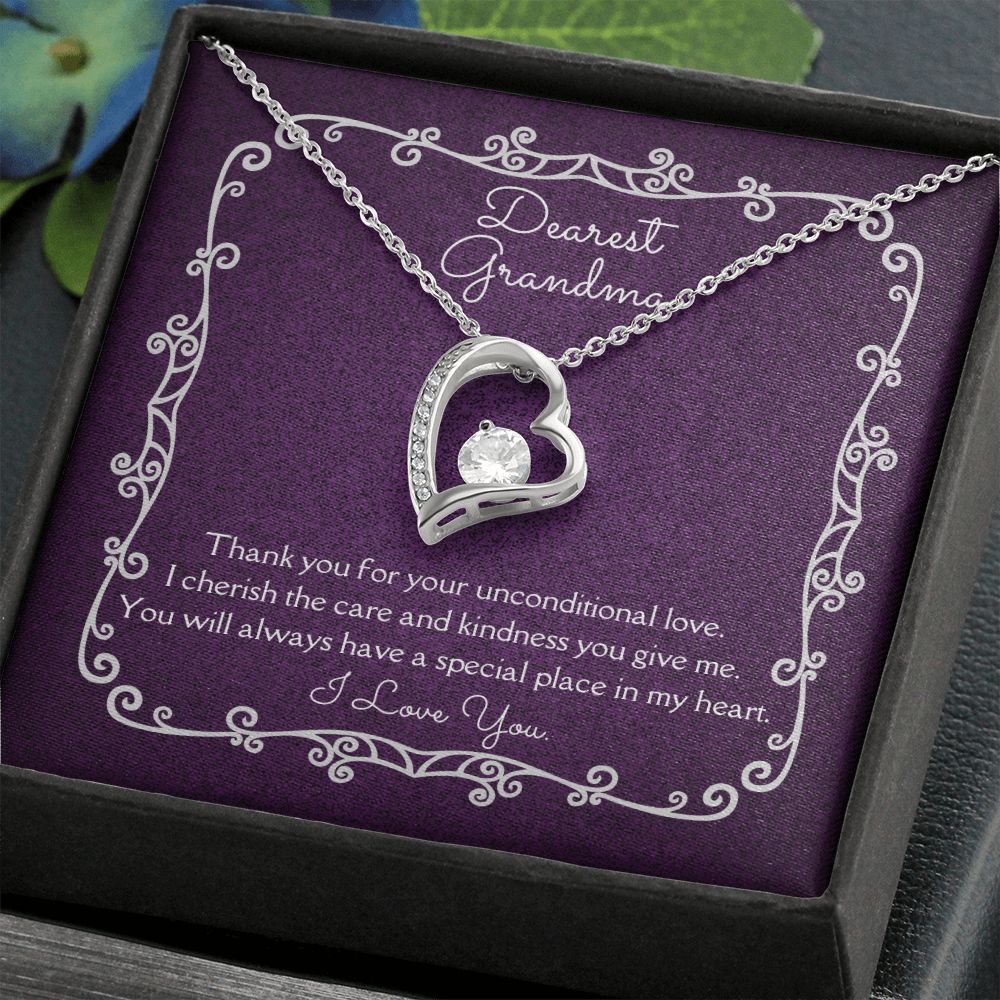 Dearest Grandma Unconditional Love Necklace 14k White Gold or 18k Yellow Gold Finishes, purple card