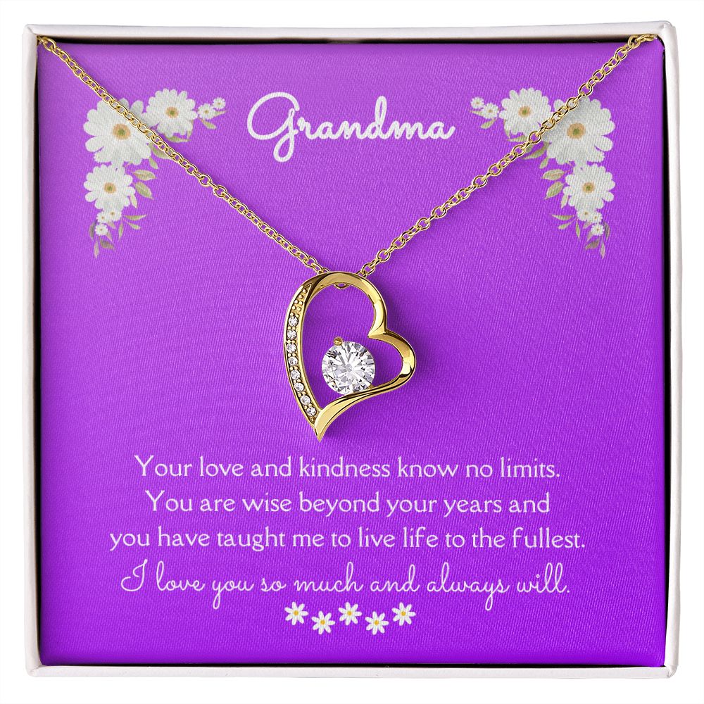 Grandma Love and Kindness Forever Necklace 14k White Gold or 18k Yellow Gold Finishes, purple daisy