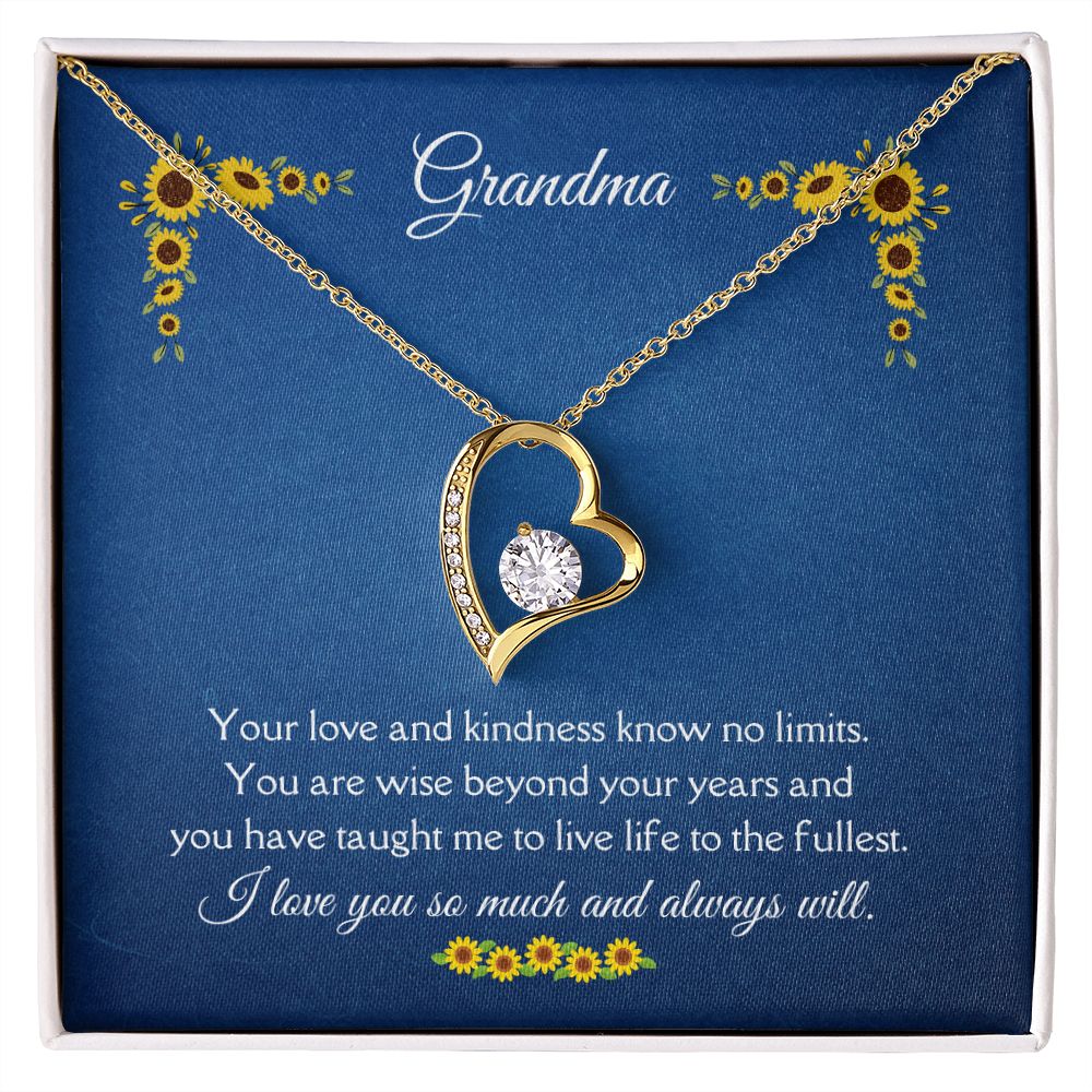 Grandma Love and Kindness Forever Necklace 14k White Gold or 18k Yellow Gold Finishes, blue sunflower