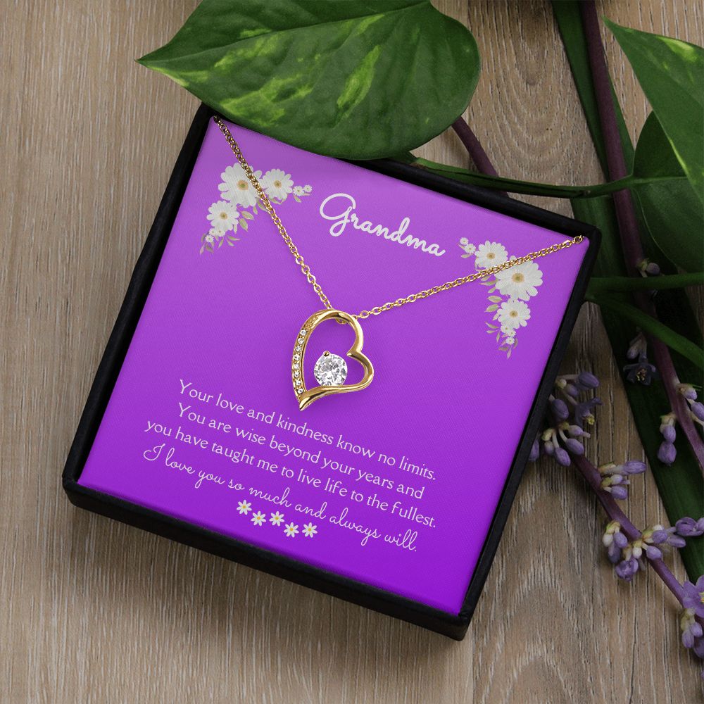 Grandma Love and Kindness Forever Necklace 14k White Gold or 18k Yellow Gold Finishes, purple daisy