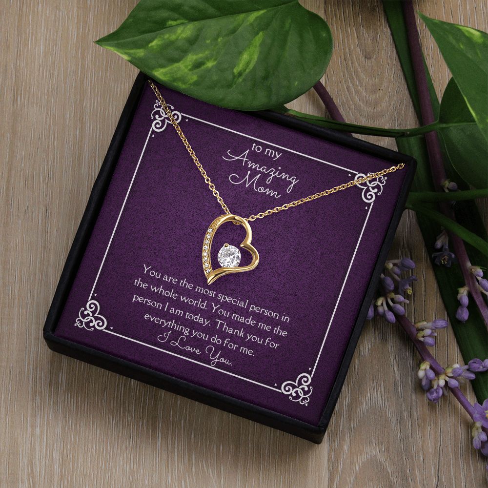 Amazing Mom Forever Love Necklace 14k White Gold or 18k Yellow Gold Finishes, purple card