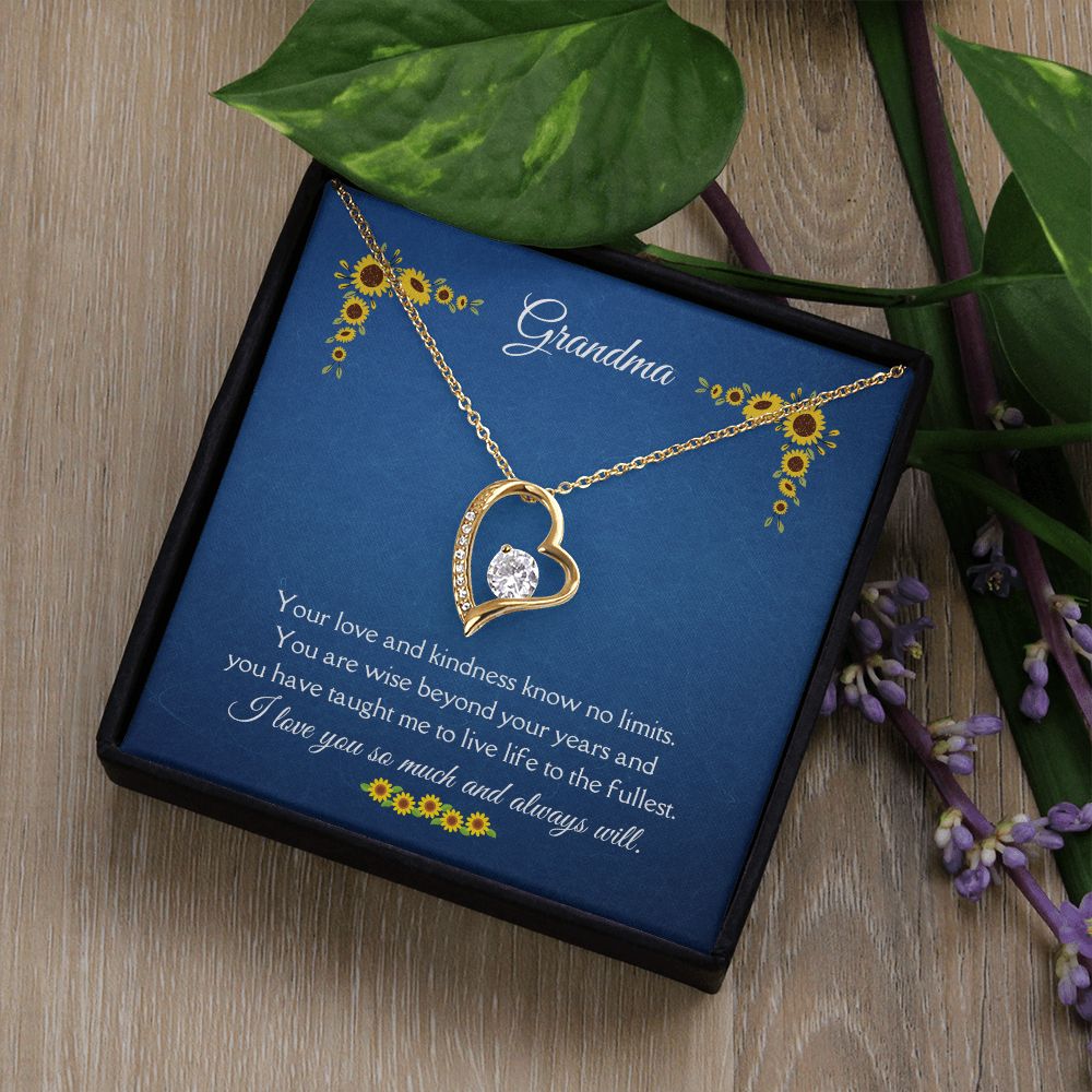 Grandma Love and Kindness Forever Necklace 14k White Gold or 18k Yellow Gold Finishes, blue sunflower