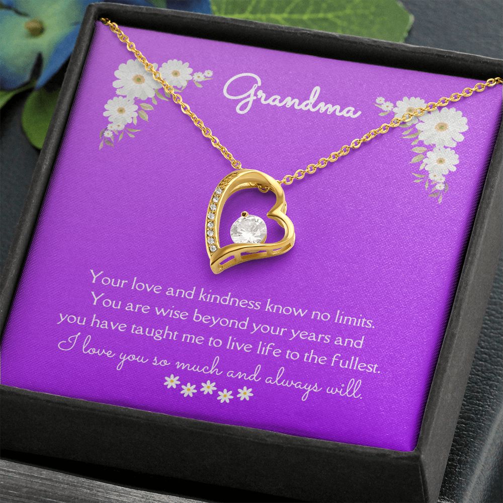 Grandma Love and Kindness Forever Necklace 14k White Gold or 18k Yellow Gold Finishes, purple daisy