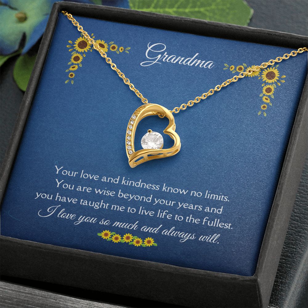 Grandma Love and Kindness Forever Necklace 14k White Gold or 18k Yellow Gold Finishes, blue sunflower