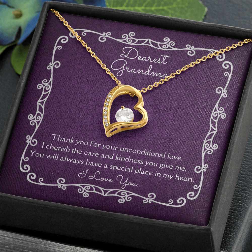 Dearest Grandma Unconditional Love Necklace 14k White Gold or 18k Yellow Gold Finishes, purple card