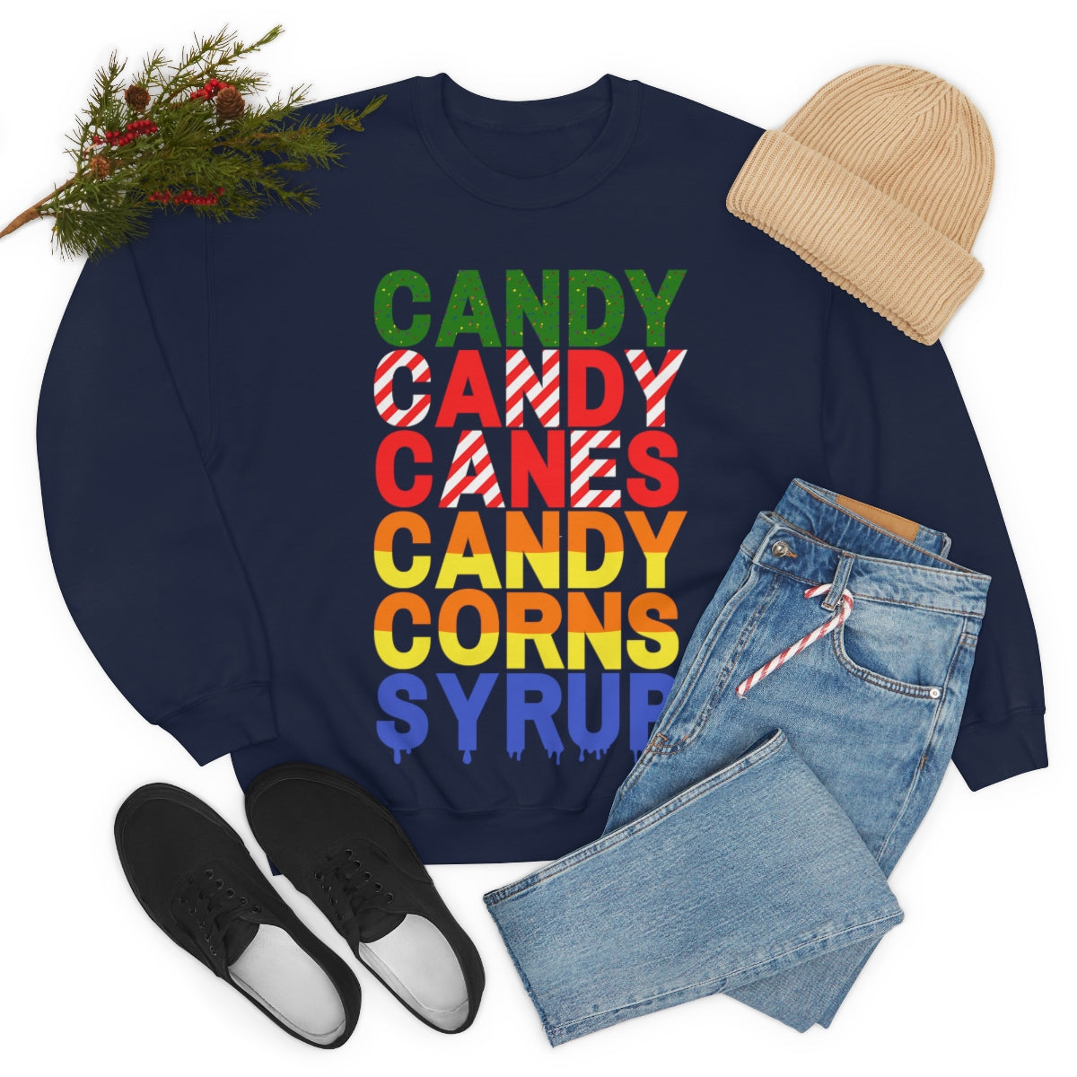 Candy Candy Canes Candy Corns Syrup Fun Holiday Sweatshirt Available in Black, Grey and Navy Sizes S-3XL