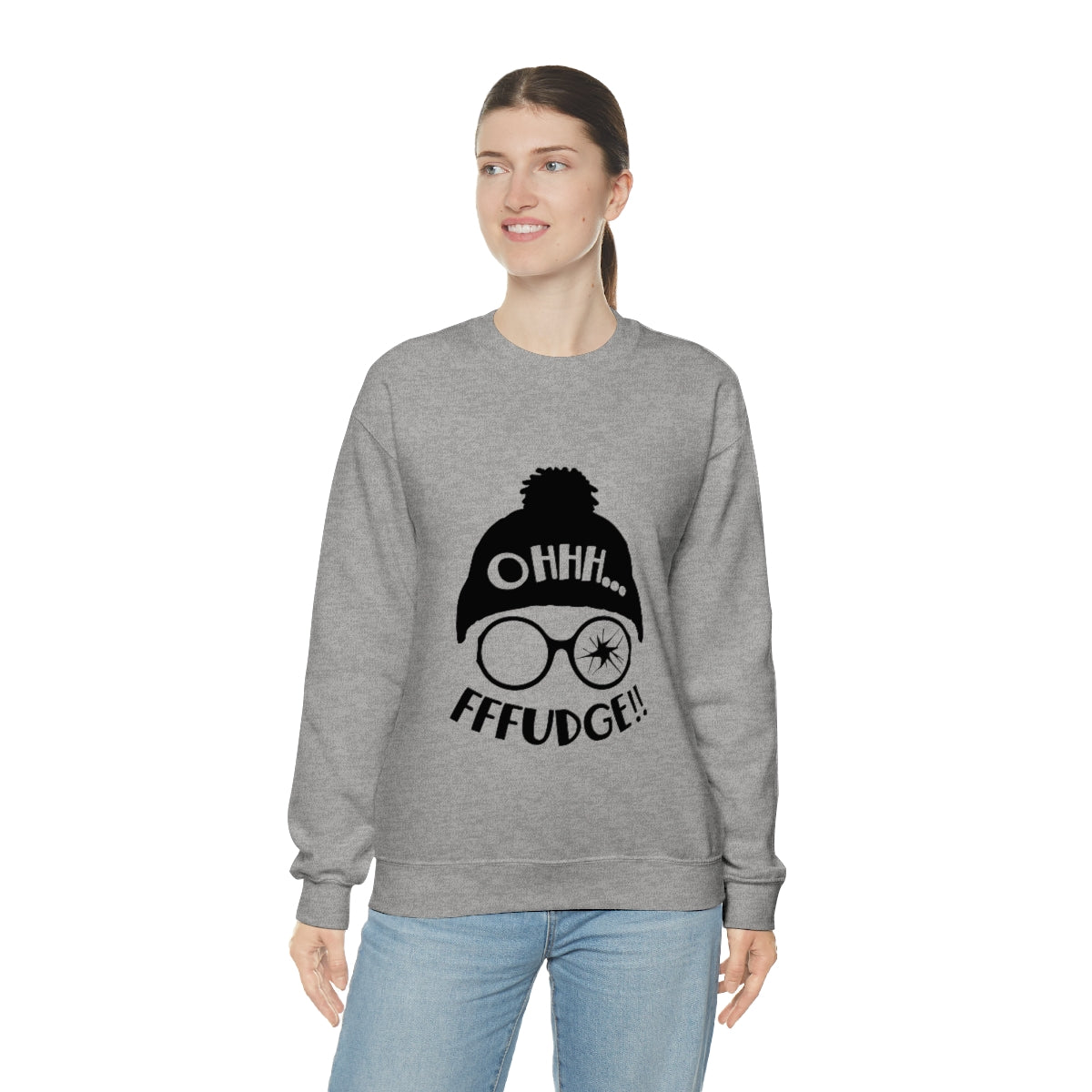 Christmas Sweatshirt, Oh Fudge! (front) You'll Shoot Your Eye Out (back) Unisex Heavy Blend™ Crewneck Sweatshirt, Avail in Red, Green, Grey and White Sizes S-3XL