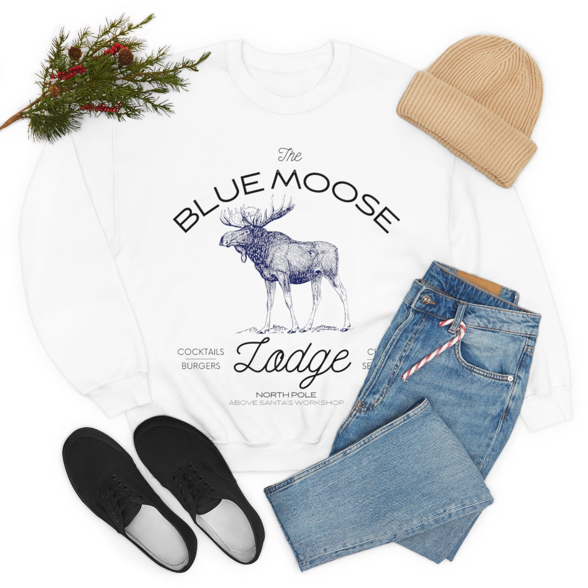 The Blue Moose Lodge Holiday Sweatshirt Available in Black, Grey and White Unisex sizes S-3XL