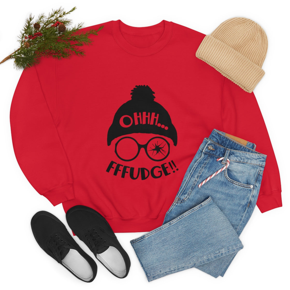 Christmas Sweatshirt, Oh Fudge! (front) You'll Shoot Your Eye Out (back) Unisex Heavy Blend™ Crewneck Sweatshirt, Avail in Red, Green, Grey and White Sizes S-3XL