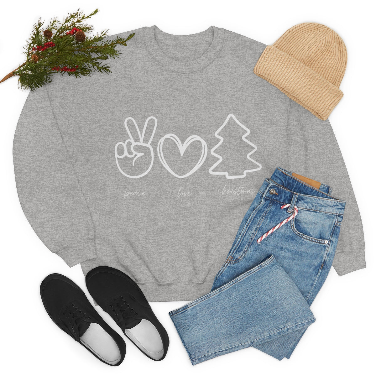 Peace Love Christmas Holiday Sweatshirt Available in Red, Green, Black and Grey Unisex sizes S-3XL