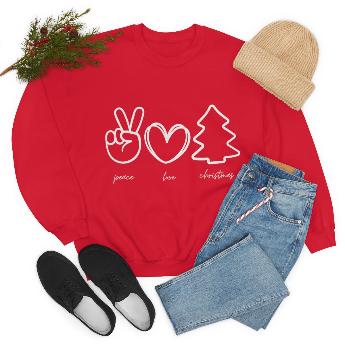 Peace Love Christmas Holiday Sweatshirt Available in Red, Green, Black and Grey Unisex sizes S-3XL